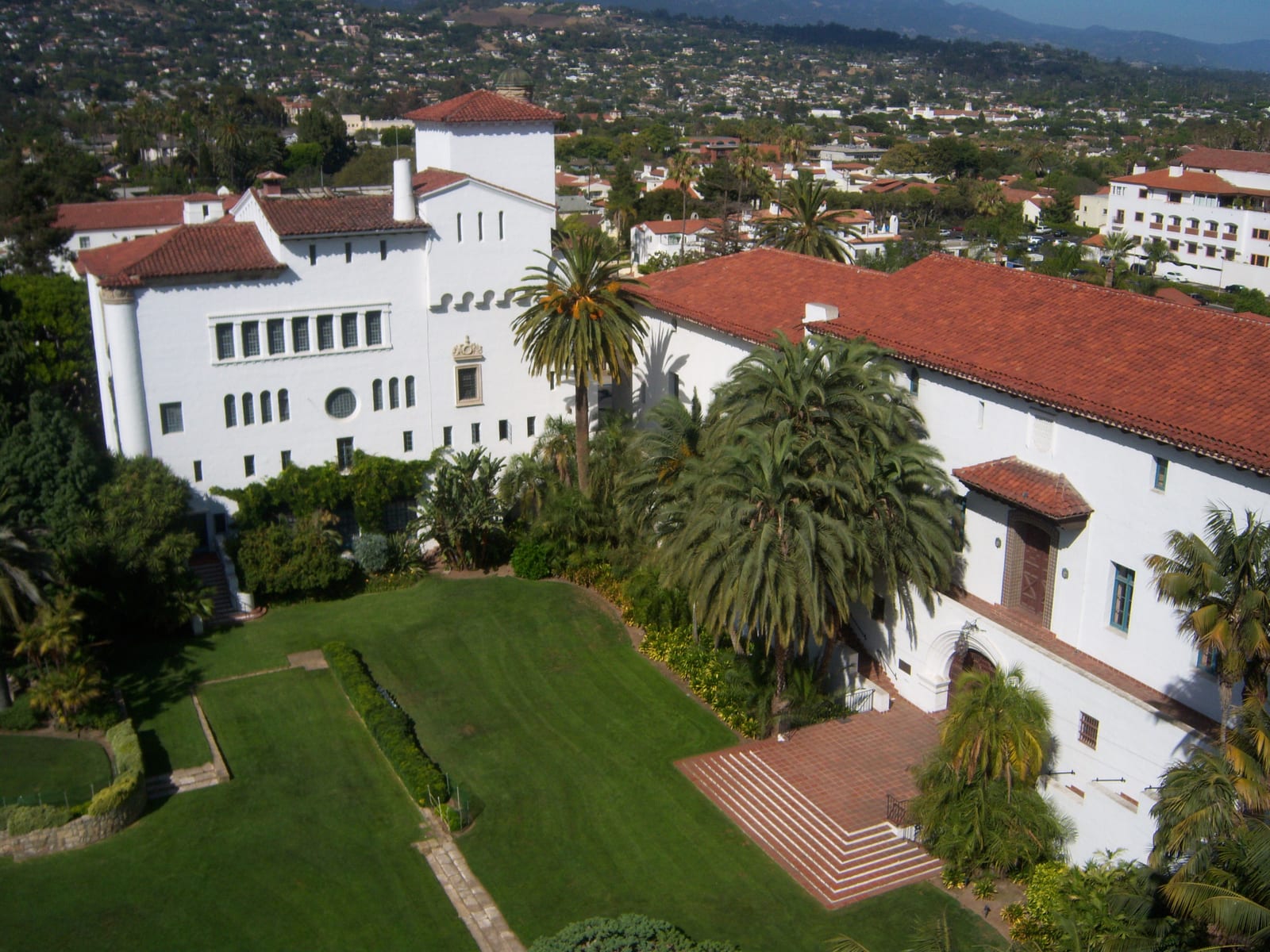 Spanish-colonial Santa Barbara County Courthouse and gardens above the city and hills